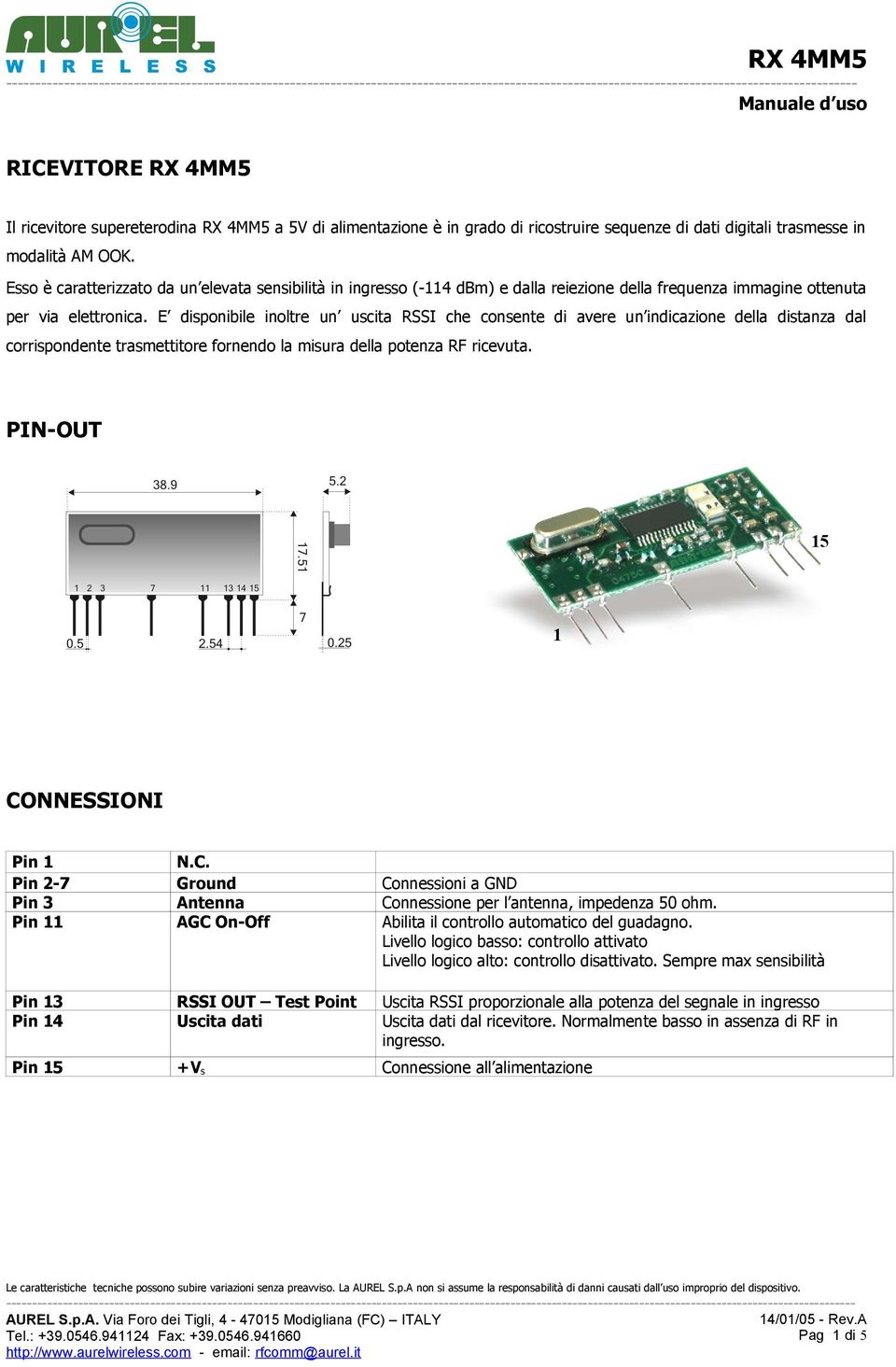 E disponibile inoltre un uscita RSSI che consente di avere un indicazione della distanza dal corrispondente trasmettitore fornendo la misura della potenza RF ricevuta.