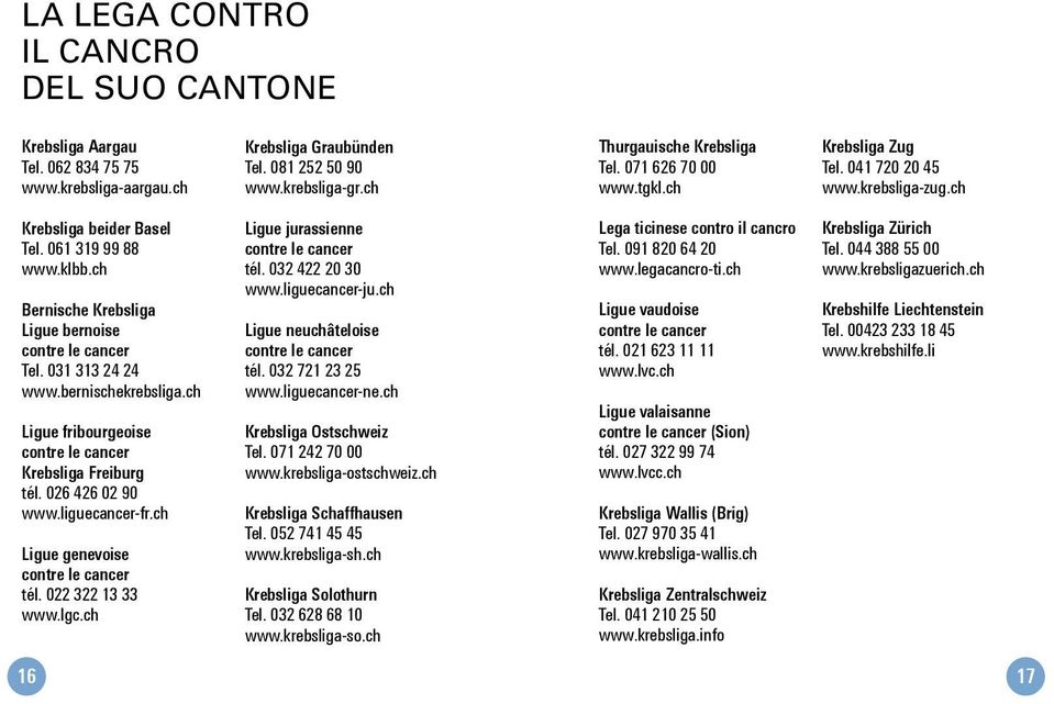 bernischekrebsliga.ch Ligue fribourgeoise Krebsliga Freiburg tél. 026 426 02 90 www.liguecancer-fr.ch Ligue genevoise tél. 022 322 13 33 www.lgc.ch Ligue jurassienne tél. 032 422 20 30 www.