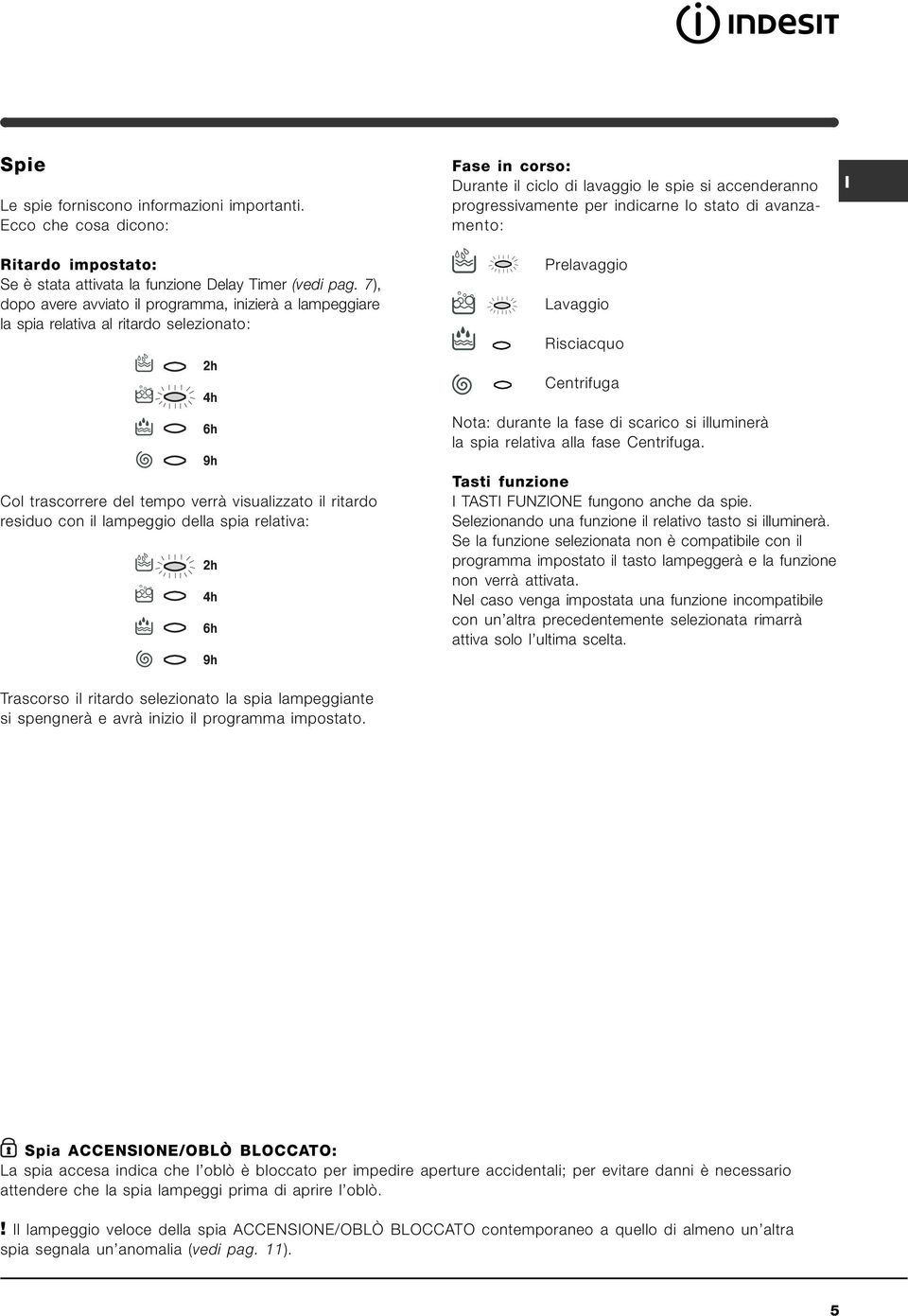 relativa: Fase in corso: Durante il ciclo di lavaggio le spie si accenderanno progressivamente per indicarne lo stato di avanzamento: Prelavaggio Lavaggio Risciacquo Centrifuga Nota: durante la fase