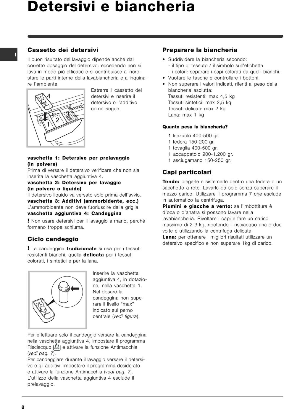 1 2 3 vaschetta 1: Detersivo per prelavaggio (in polvere) Prima di versare il detersivo verificare che non sia inserita la vaschetta aggiuntiva 4.