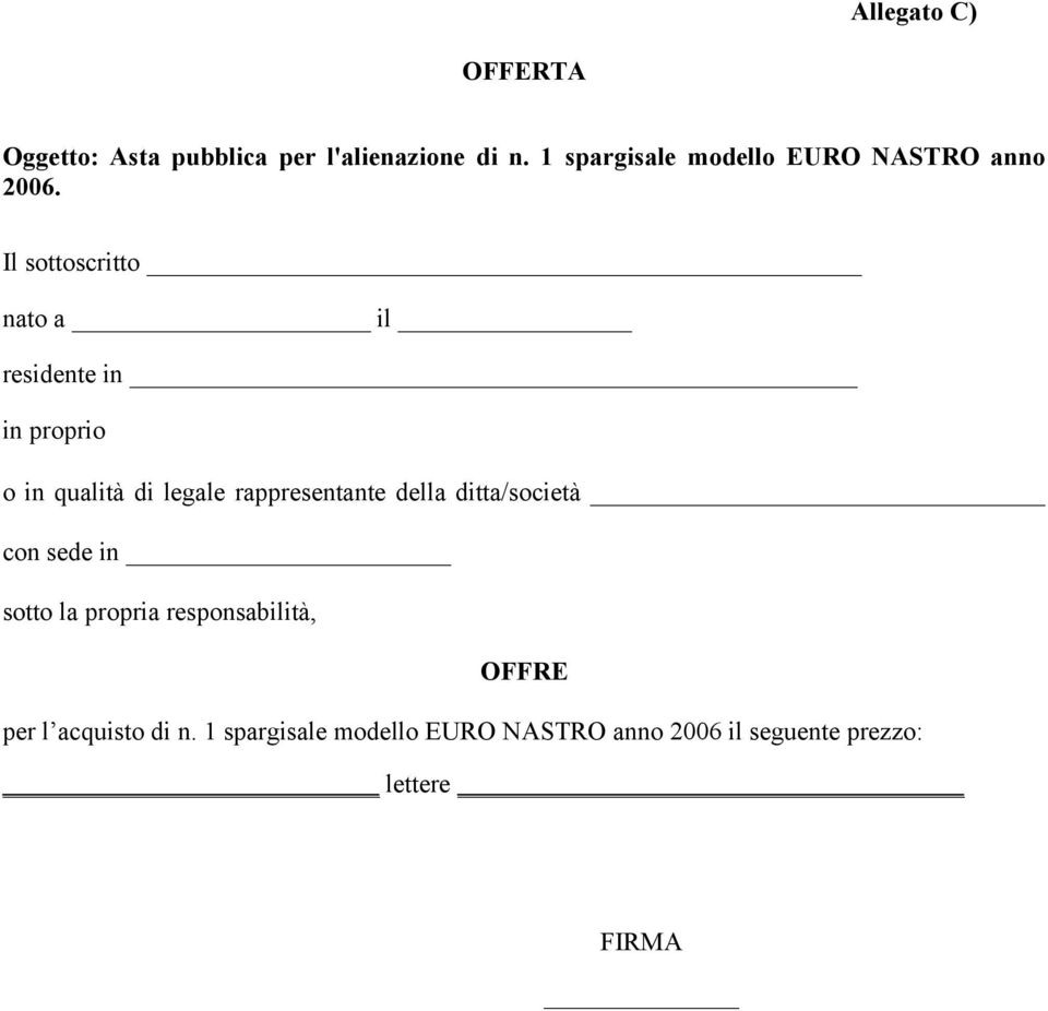 Il sottoscritto nato a il residente in in proprio o in qualità di legale rappresentante