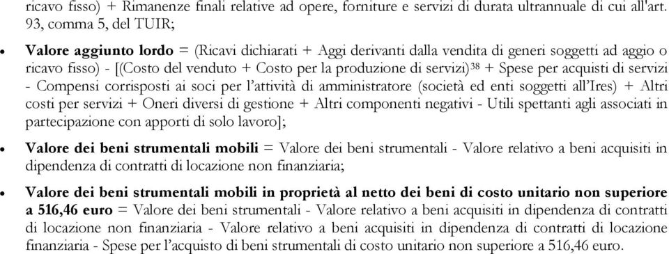 servizi) 38 + Spese per acquisti di servizi - Compensi corrisposti ai soci per l attività di amministratore (società ed enti soggetti all Ires) + Altri costi per servizi + Oneri diversi di gestione +