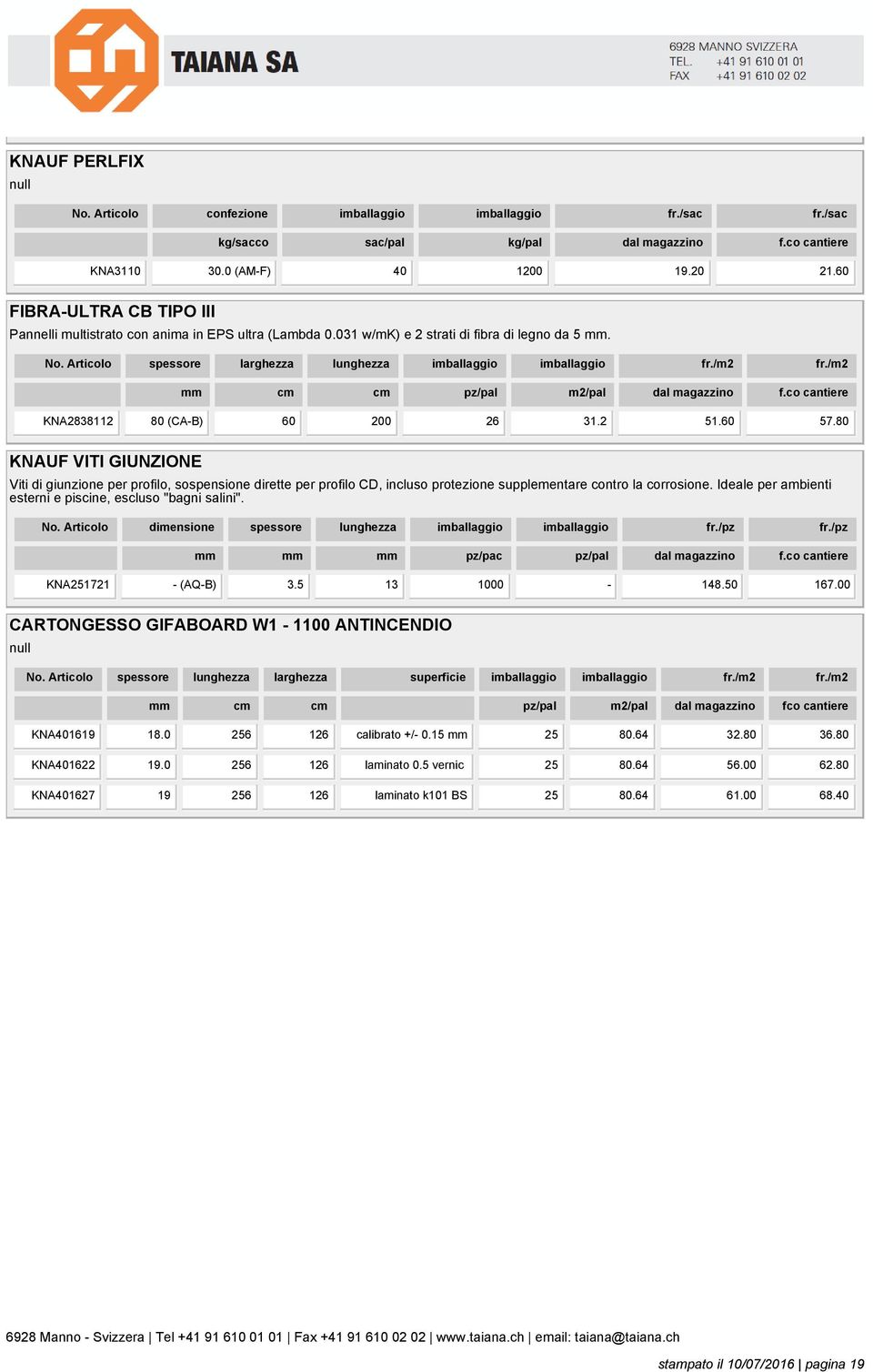 /m2 fr./m2 mm cm cm pz/pal m2/pal dal magazzino f.co cantiere KNA2838112 80 (CA-B) 60 200 26 31.2 51.60 57.
