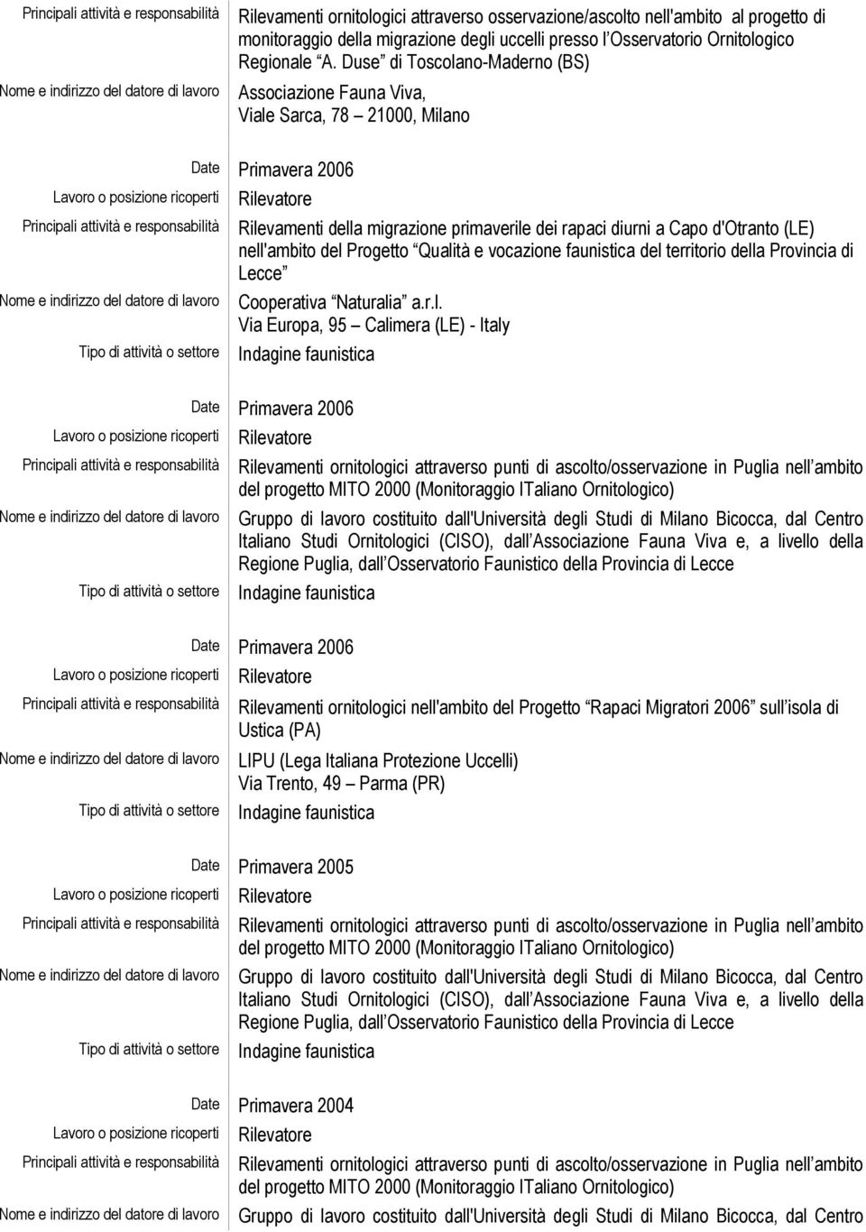 nell'ambito del Progetto Qualità e vocazione faunistica del territorio della Provincia di Lecce Cooperativa Naturalia a.r.l. Via Europa, 95 Calimera (LE) - Italy Date Primavera 2006 Date