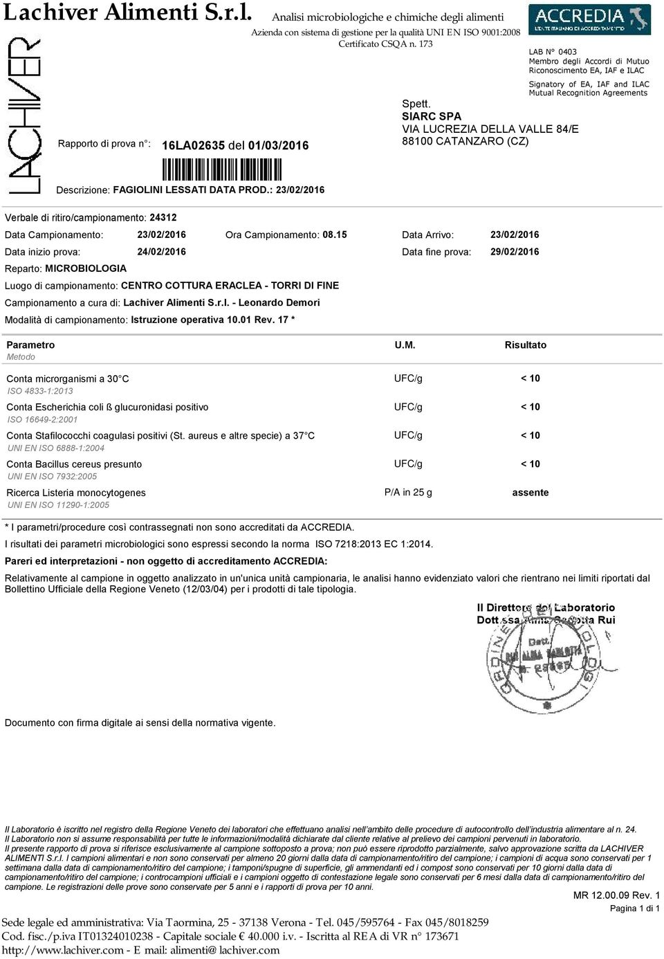 17 * Conta microrganismi a 3 C ISO 4833-1:213 Conta Escherichia coli ß glucuronidasi positivo ISO 16649-2:21 Conta Stafilococchi coagulasi positivi (St.