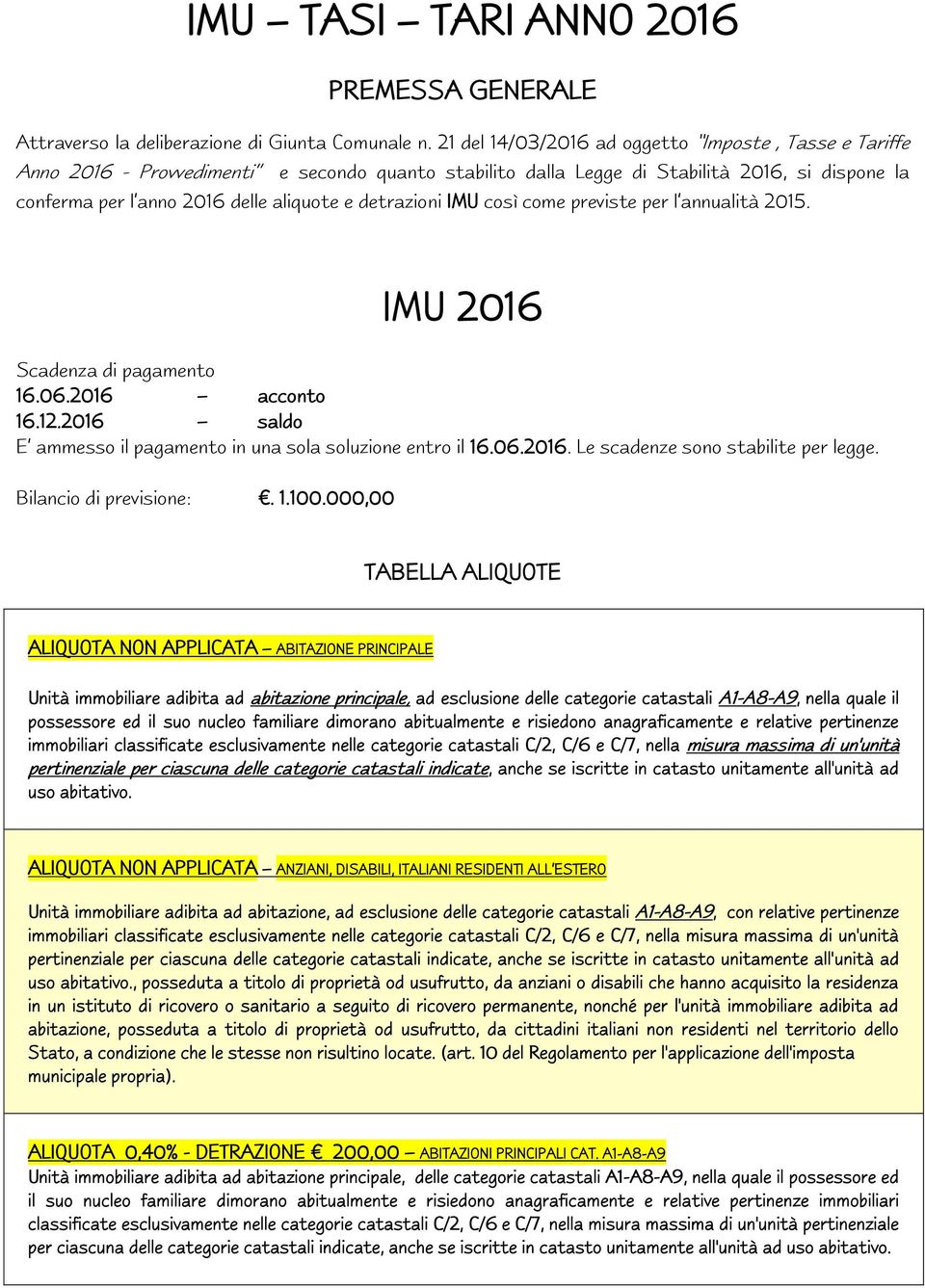 detrazioni IMU così come previste per l annualità 2015. IMU 2016 Scadenza di pagamento 16.06.2016 acconto 16.12.2016 saldo E ammesso il pagamento in una sola soluzione entro il 16.06.2016. Le scadenze sono stabilite per legge.