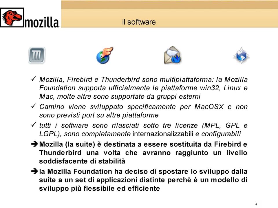 sono completamente internazionalizzabili e configurabili Mozilla (la suite) è destinata a essere sostituita da Firebird e Thunderbird una volta che avranno raggiunto un livello