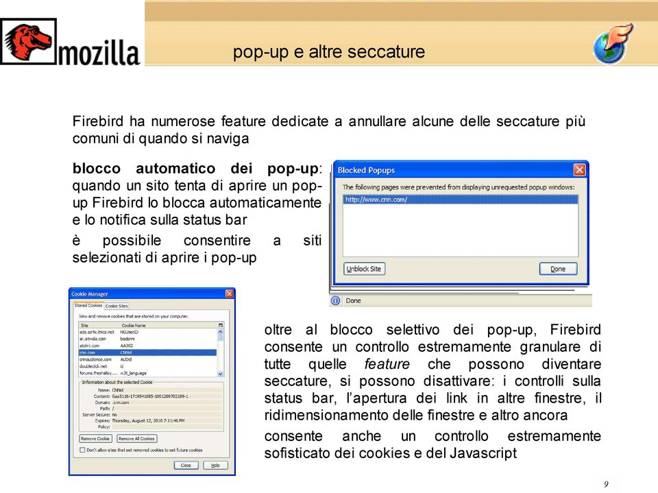 selettivo dei pop-up, Firebird consente un controllo estremamente granulare di tutte quelle feature che possono diventare seccature, si possono disattivare: i controlli sulla