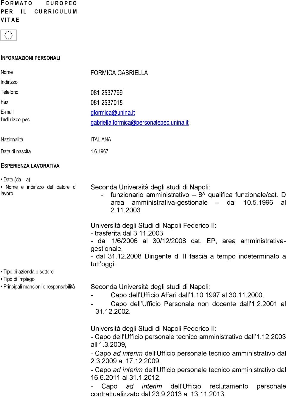 1967 ESPERIENZA LAVORATIVA Date (da a) Nome e indirizzo del datore di lavoro Tipo di azienda o settore Tipo di impiego Principali mansioni e responsabilità Seconda Università degli studi di Napoli: -