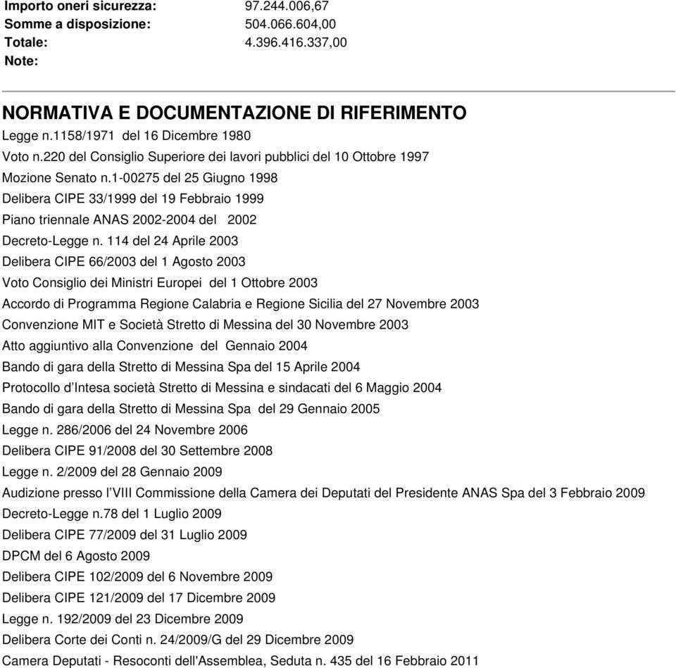 1-00275 del 25 Giugno 1998 Delibera CIPE 33/1999 del 19 Febbraio 1999 Piano triennale ANAS 2002-2004 del 2002 Decreto-Legge n.