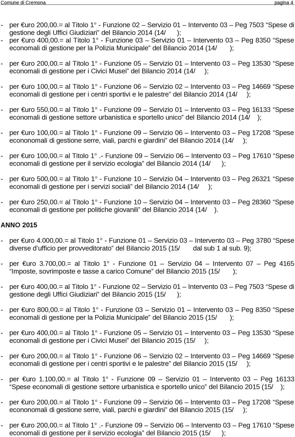 = al Titolo 1 - Funzione 05 Servizio 01 Intervento 03 Peg 13530 Spese economali di gestione per i Civici Musei del Bilancio 2014 (14/ ); - per uro 100,00.