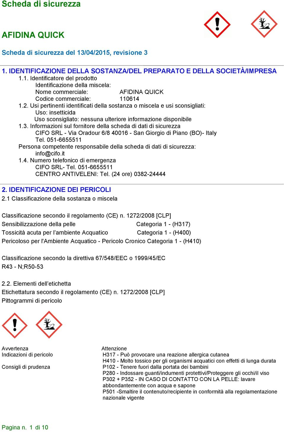 Informazioni sul fornitore della scheda di dati di sicurezza CIFO SRL - Via Oradour 6/8 40016 - San Giorgio di Piano (BO)- Italy Tel.