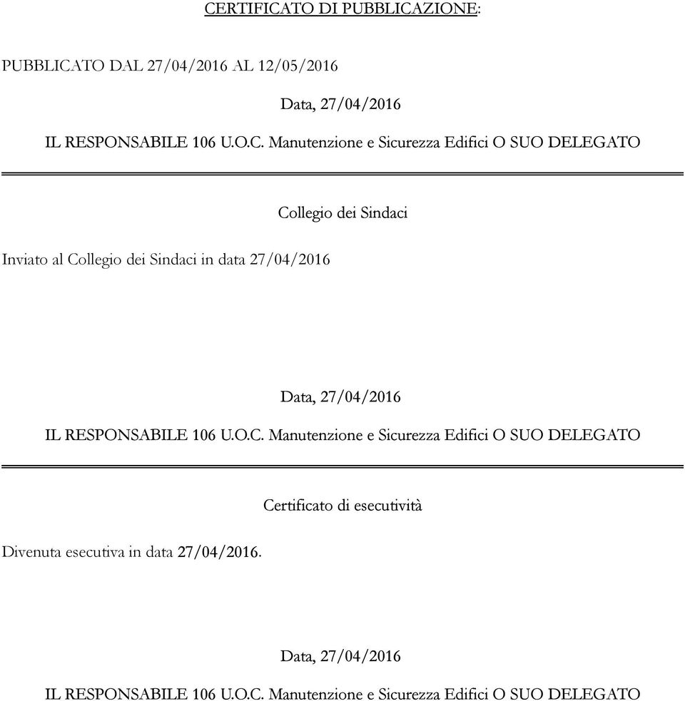 Inviato al Collegio dei Sindaci in data 27/04/2016