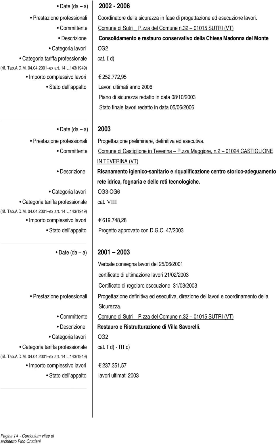 772,95 Stato dell appalto Lavori ultimati anno 2006 Piano di sicurezza redatto in data 08/10/2003 Stato finale lavori redatto in data 05/06/2006 Date (da a) 2003 Progettazione preliminare, definitiva