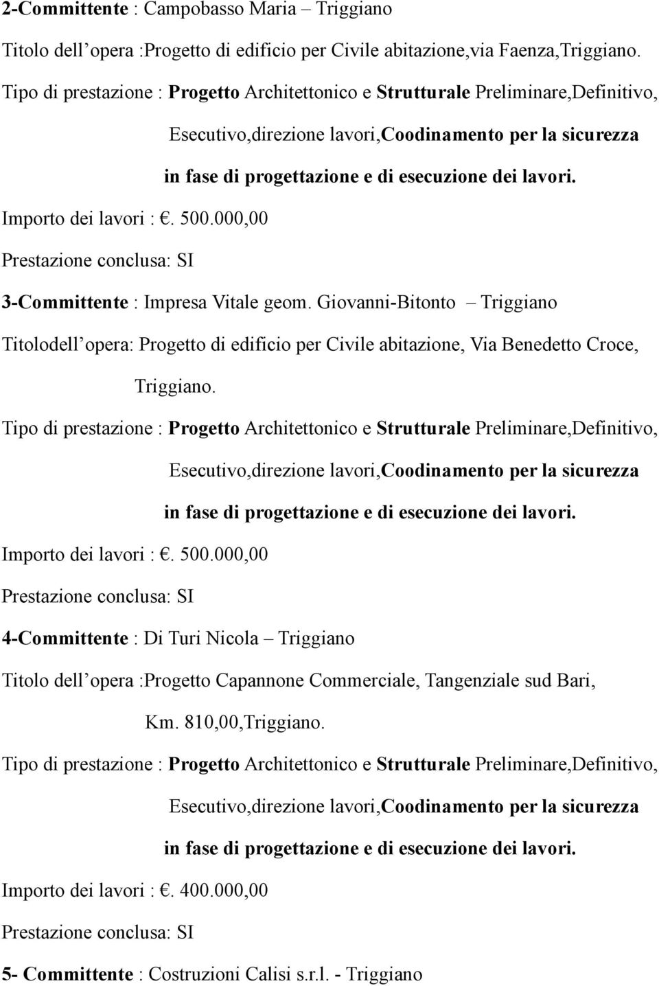 000,00 3-Committente : Impresa Vitale geom. Giovanni-Bitonto Triggiano Titolodell opera: Progetto di edificio per Civile abitazione, Via Benedetto Croce, Triggiano.