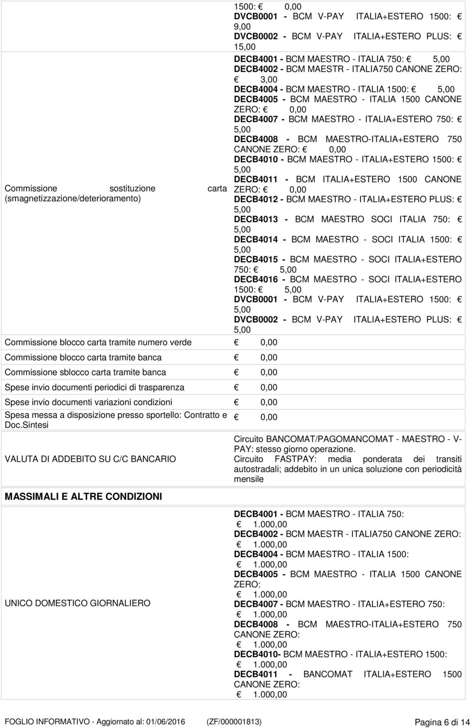 Sintesi VALUTA DI ADDEBITO SU C/C BANCARIO MASSIMALI E ALTRE CONDIZIONI DVCB0001 - BCM V-PAY ITALIA+ESTERO 5,00 DECB4002 - BCM MAESTR - ITALIA750 CANONE 3,00 5,00 5,00 CANONE DECB4010 - BCM MAESTRO -