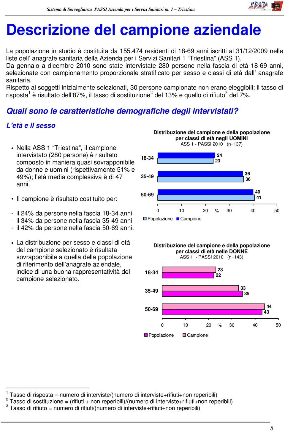 Da gennaio a dicembre 2010 sono state intervistate 280 persone nella fascia di età 18-69 anni, selezionate con campionamento proporzionale stratificato per sesso e classi di età dall anagrafe