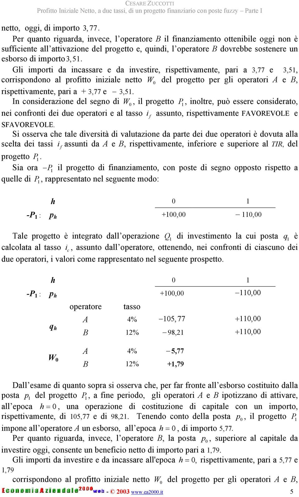 W del progetto per gli operatori A e B, rispettivamete, pari a + 3,77 e 3,5 I osiderazioe del sego di W, il progetto P, ioltre, può essere osiderato, ei oroti dei due operatori e al tasso i assuto,