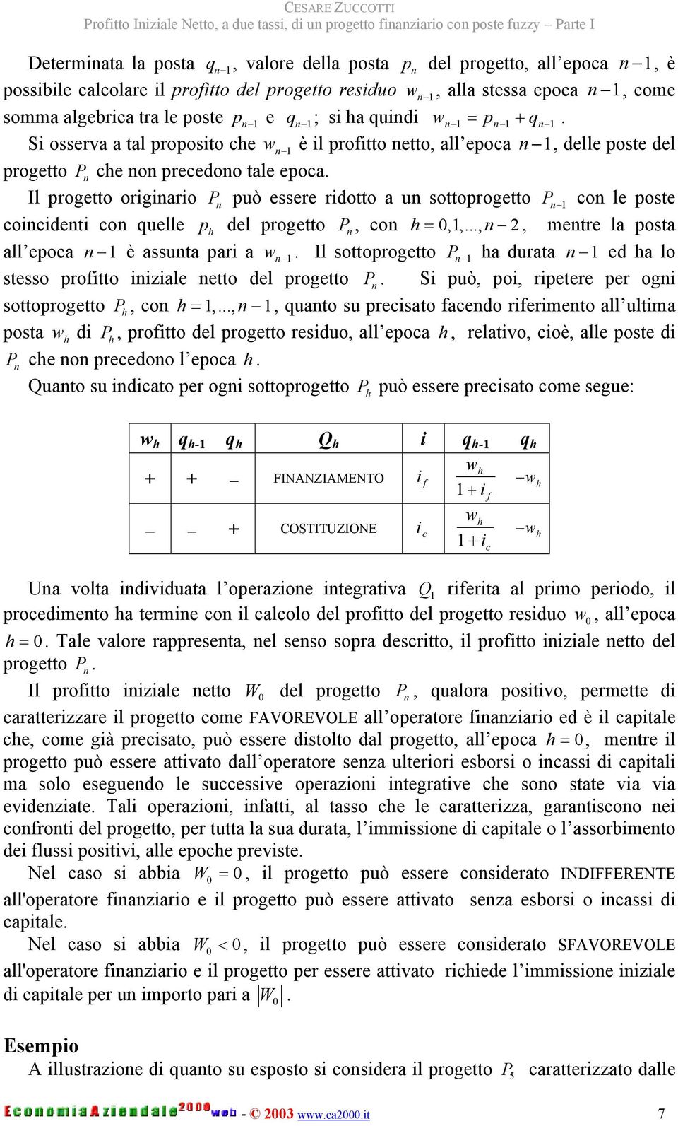 progetto origiario P può essere ridotto a u sottoprogetto P o le poste oiideti o quelle p h del progetto P, o h =,,, 2, metre la posta all epoa è assuta pari a w Il sottoprogetto P ha durata ed ha lo