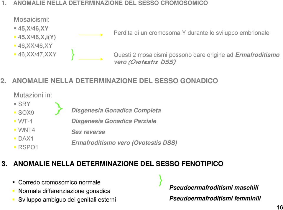 ANOMALIE NELLA DETERMINAZIONE DEL SESSO GONADICO Mutazioni in: SRY SOX9 WT-1 WNT4 DAX1 RSPO1 Disgenesia Gonadica Completa Disgenesia Gonadica Parziale Sex reverse