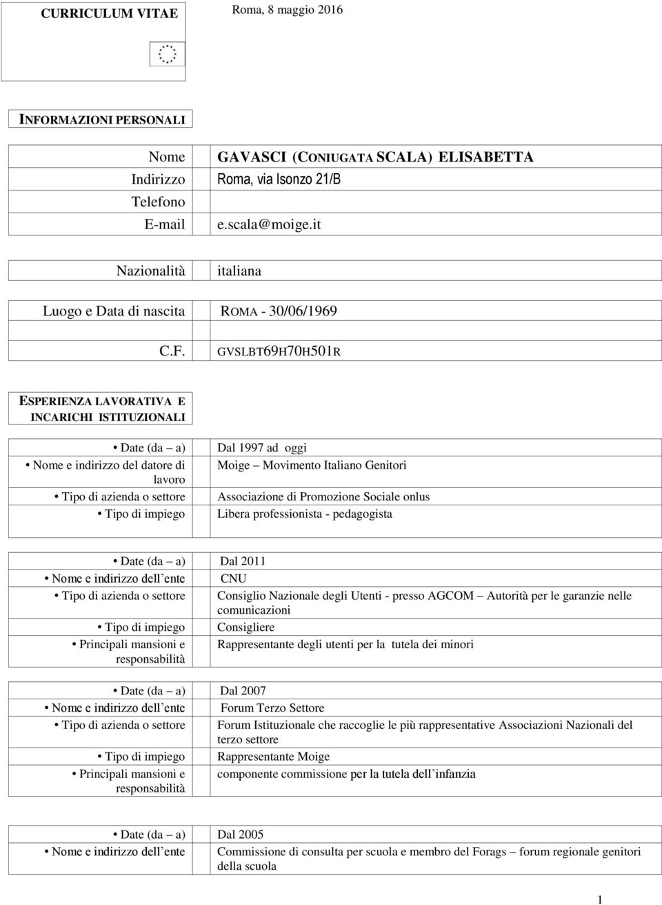 GVSLBT69H70H501R ESPERIENZA LAVORATIVA E INCARICHI ISTITUZIONALI Date (da a) Nome e indirizzo del datore di Tipo di azienda o settore Tipo di impiego Dal 1997 ad oggi Moige Movimento Italiano