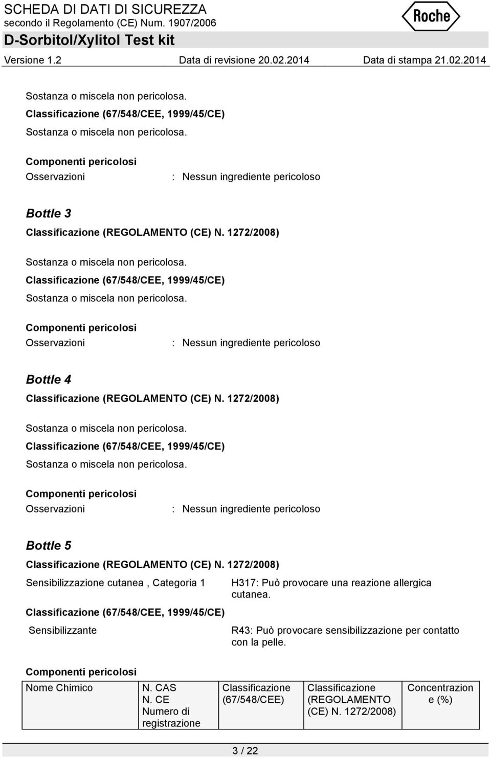 1272/2008)  Componenti pericolosi Osservazioni : Nessun ingrediente pericoloso Bottle 4 Classificazione (REGOLAMENTO (CE) N.