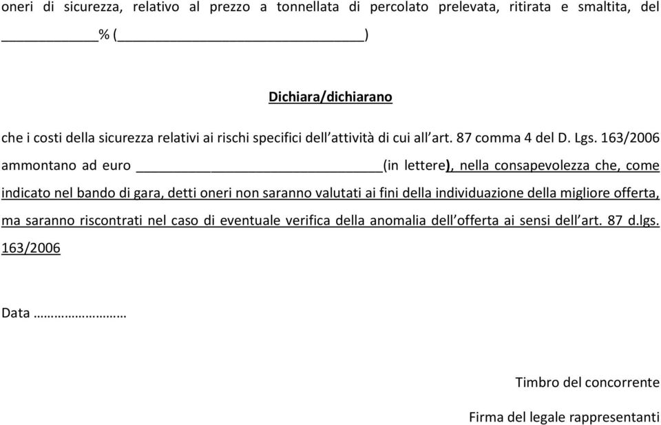 163/2006 ammontano ad euro (in lettere), nella consapevolezza che, come indicato nel bando di gara, detti oneri non saranno valutati ai fini della