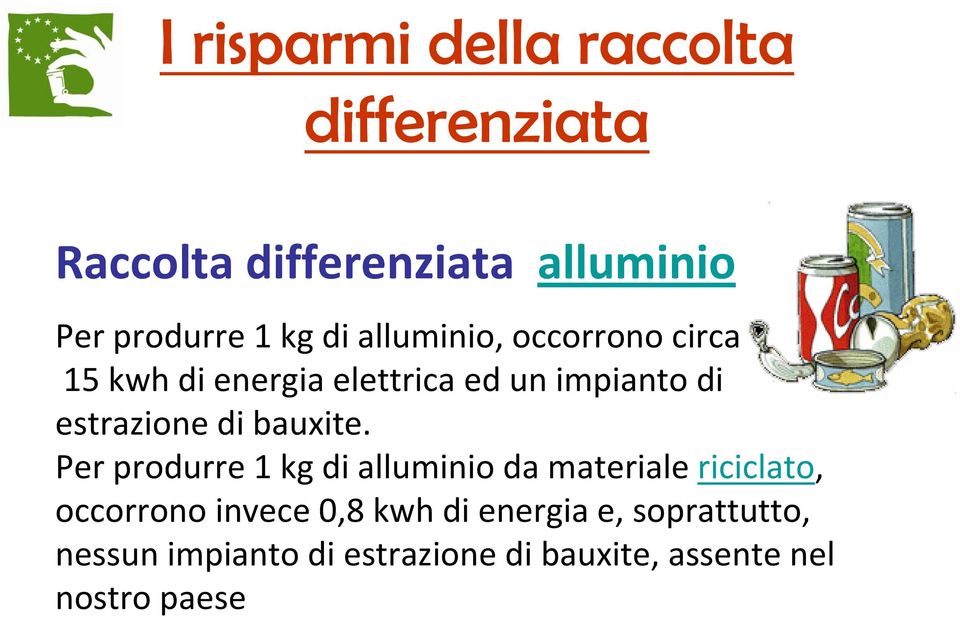 Per produrre 1 kg di alluminio da materiale riciclato, occorrono invece 0,8