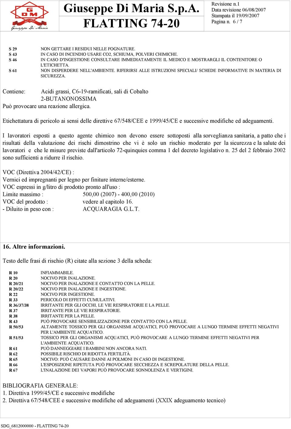 RIFERIRSI ALLE ISTRUZIONI SPECIALI/ SCHEDE INFORMATIVE IN MATERIA DI SICUREZZA. Contiene: Acidi grassi, C6-19-ramificati, sali di Cobalto 2-BUTANONOSSIMA Può provocare una reazione allergica.