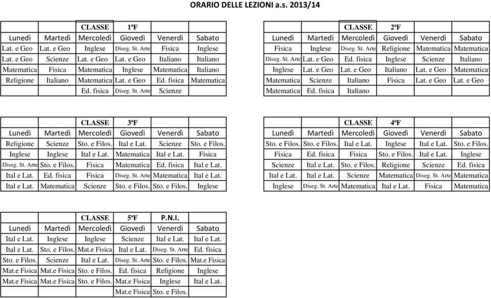 e Geo Matematica Religione Italiano Matematica Lat. e Geo Ed. fisica Matematica Matematica Scienze Italiano Fisica Lat. e Geo Lat. e Geo Ed. fisica Diseg. St. Arte Scienze Matematica Ed.