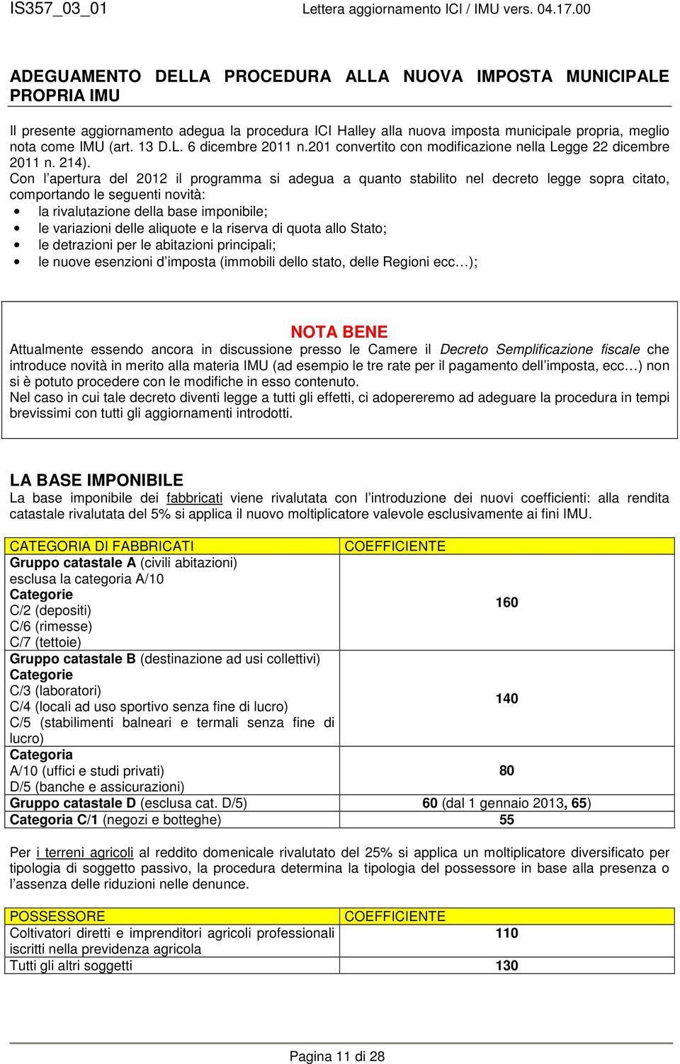 Con l apertura del 2012 il programma si adegua a quanto stabilito nel decreto legge sopra citato, comportando le seguenti novità: la rivalutazione della base imponibile; le variazioni delle aliquote