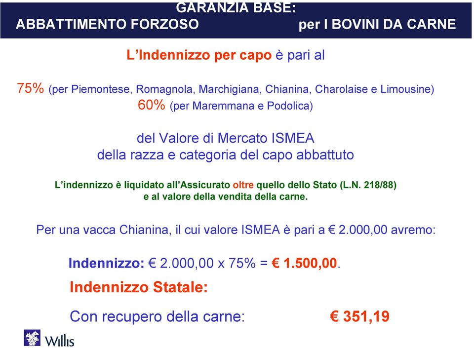 indennizzo è liquidato all Assicurato oltre quello dello Stato (L.N. 218/88) e al valore della vendita della carne.