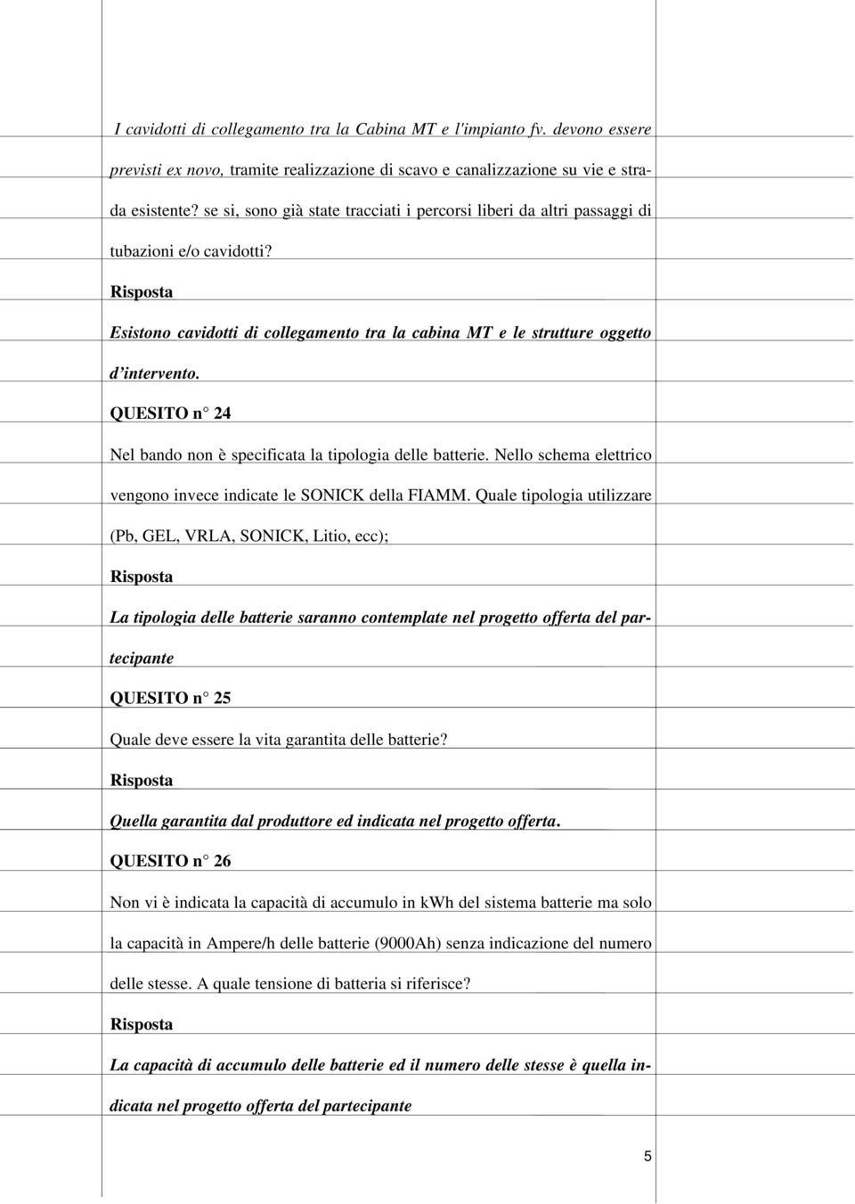 QUESITO n 24 Nel bando non è specificata la tipologia delle batterie. Nello schema elettrico vengono invece indicate le SONICK della FIAMM.