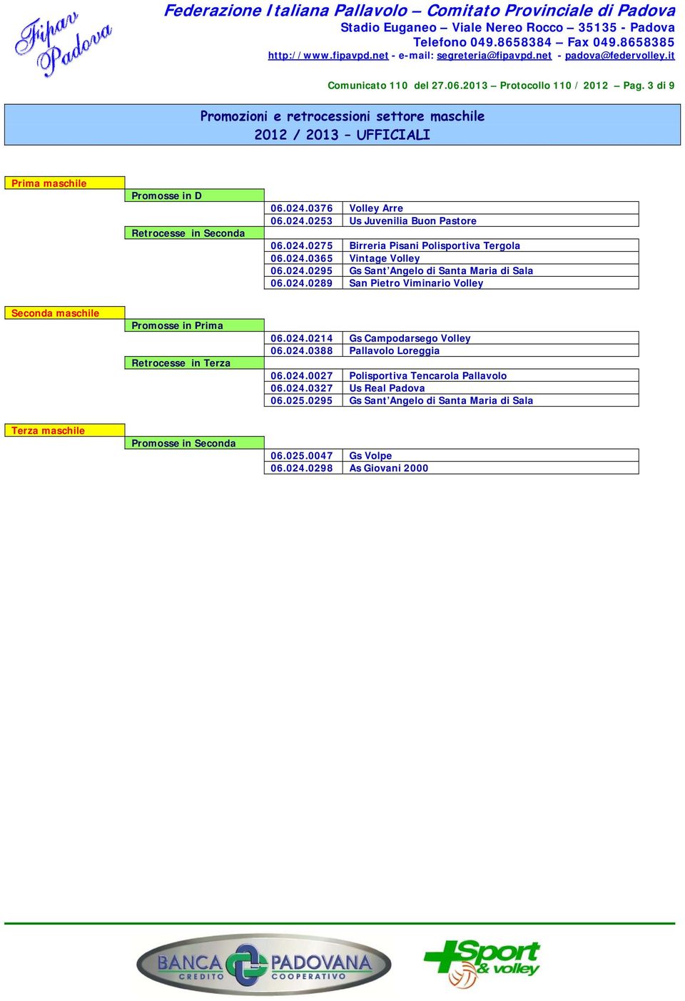 024.0289 San Pietro Viminario Volley Seconda maschile Promosse in Prima Retrocesse in Terza 06.024.0214 Gs Campodarsego Volley 06.024.0388 Pallavolo Loreggia 06.024.0027 Polisportiva Tencarola Pallavolo 06.