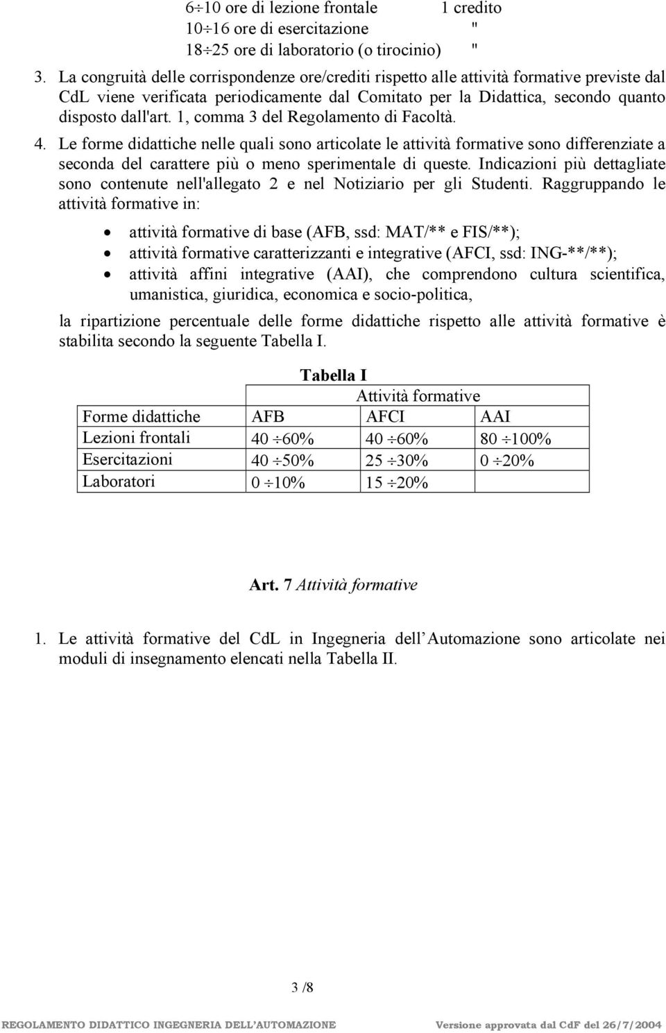 1, comma 3 del Regolamento di Facoltà. 4. Le forme didattiche nelle quali sono articolate le attività formative sono differenziate a seconda del carattere più o meno sperimentale di queste.