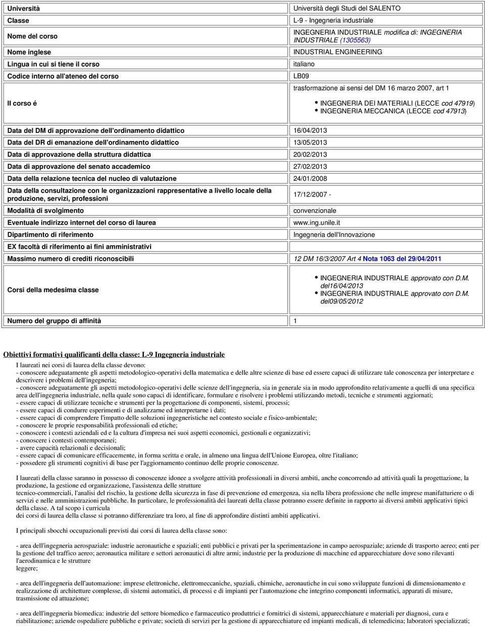 INGEGNERIA MECCANICA (LECCE cod 47913) Data del DM di approvazione dell'ordinamento didattico 16/04/2013 Data del DR di emanazione dell'ordinamento didattico 13/05/2013 Data di approvazione della