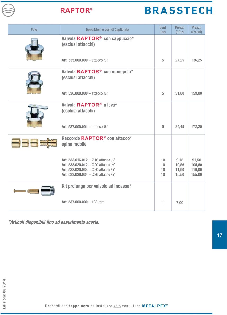 33.06.034 Ø6 attacco ¾ 9,,6,90,0 9,0,60 9,00,00 Kit prolunga per valvole ad incasso* Art. 37.000.