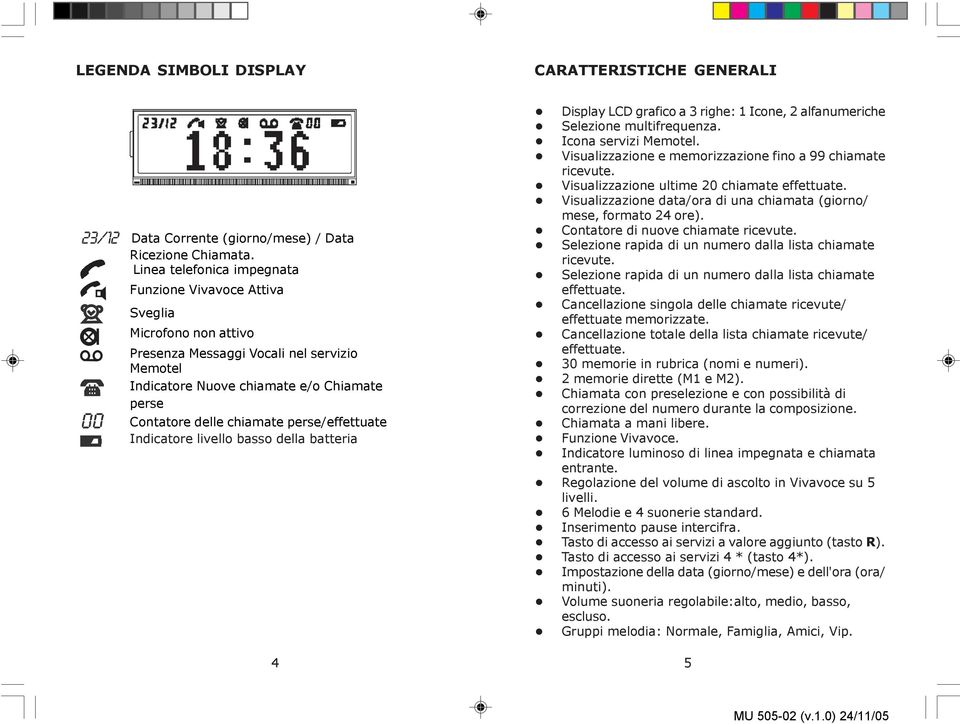 perse/effettuate Indicatore livello basso della batteria Display LCD grafico a 3 righe: 1 Icone, 2 alfanumeriche Selezione multifrequenza. Icona servizi Memotel.
