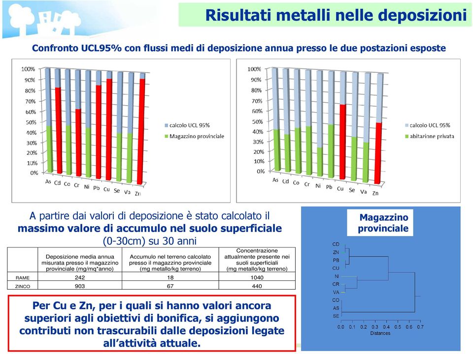 presso il magazzino provinciale (mg metallo/kg terreno) Concentrazione attualmente presente nei suoli superficiali (mg metallo/kg terreno) RAME 242 18 1040 ZINCO 903 67 440