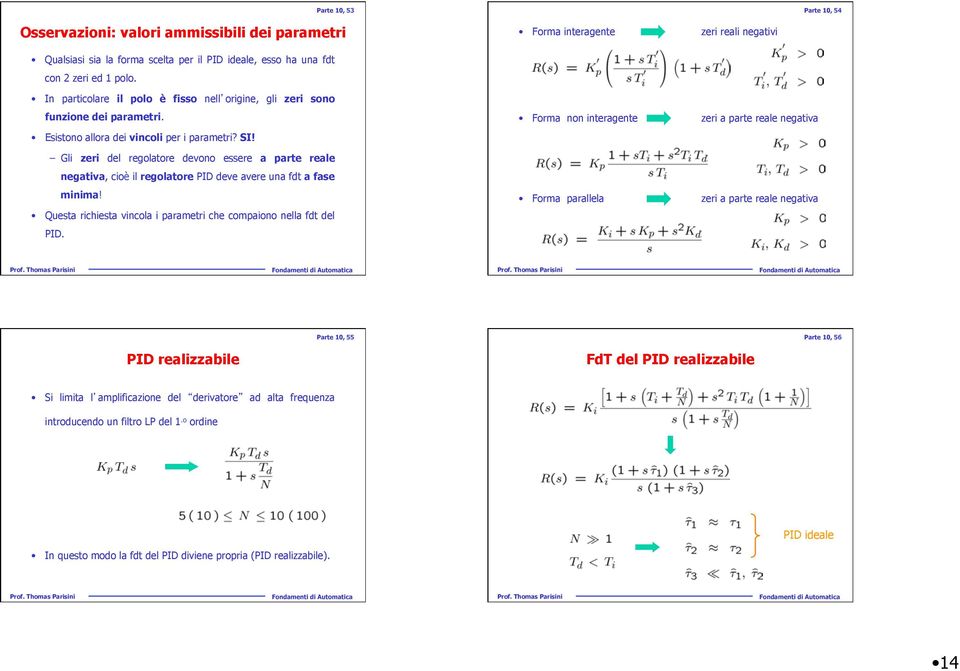 ! Gli zeri del regolatore devono essere a parte reale negativa, cioè il regolatore PID deve avere una fdt a fase minima! Questa richiesta vincola i parametri che compaiono nella fdt del PID.