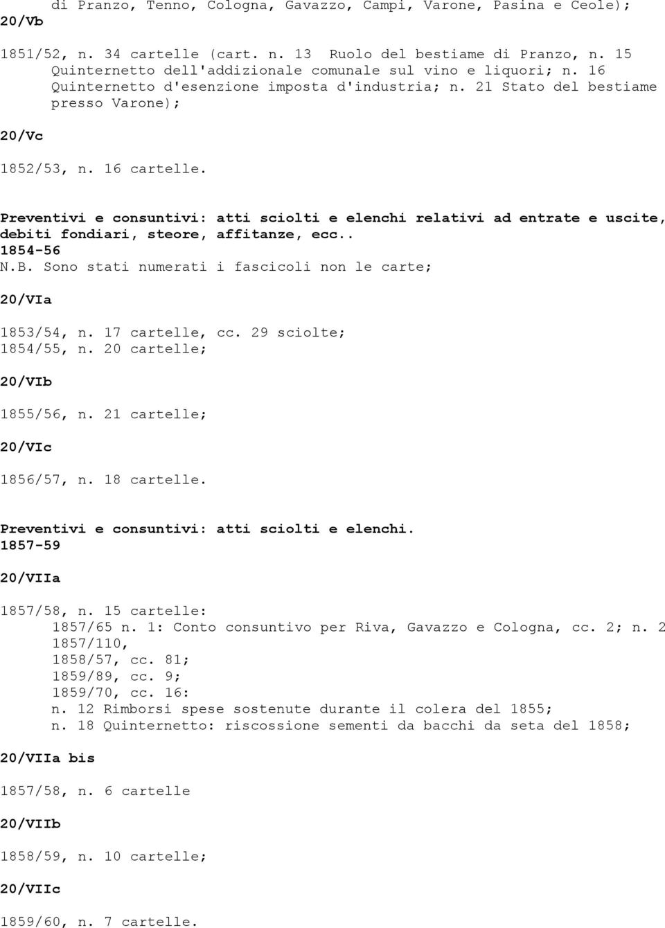 Preventivi e consuntivi: atti sciolti e elenchi relativi ad entrate e uscite, debiti fondiari, steore, affitanze, ecc.. 1854-56 N.B. Sono stati numerati i fascicoli non le carte; 20/VIa 1853/54, n.