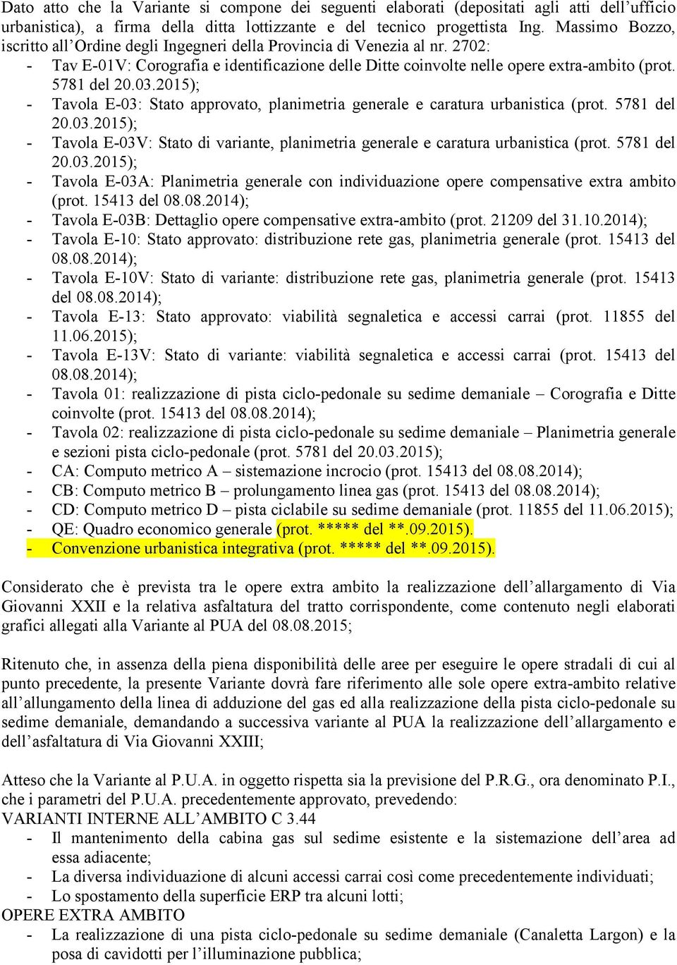 03.2015); - Tavola E-03: Stato approvato, planimetria generale e caratura urbanistica (prot. 5781 del 20.03.2015); - Tavola E-03V: Stato di variante, planimetria generale e caratura urbanistica (prot.