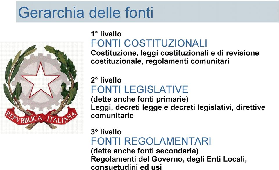 primarie) Leggi, decreti legge e decreti legislativi, direttive comunitarie 3 livello FONTI