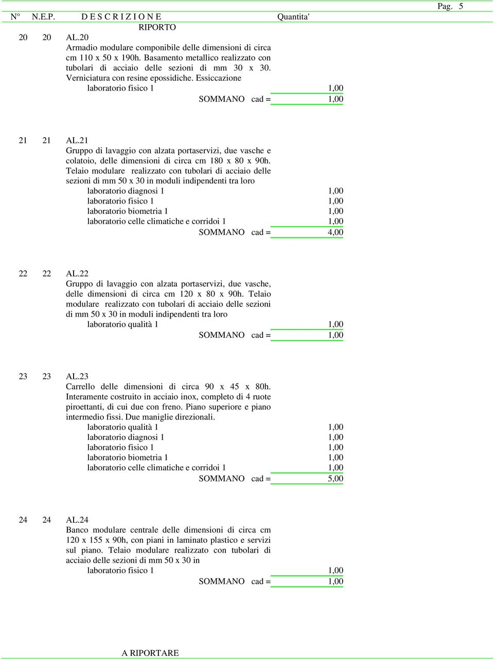 Telaio modulare realizzato con tubolari di acciaio delle sezioni di mm 50 x 30 in moduli indipendenti tra loro laboratorio celle climatiche e corridoi 1 1,00 SOMMANO cad = 4,00 22 22 AL.