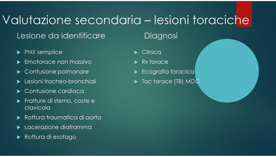 toracica Lesioni tracheo-bronchiali Tac torace (TB) MDC Contusione cardiaca Fratture