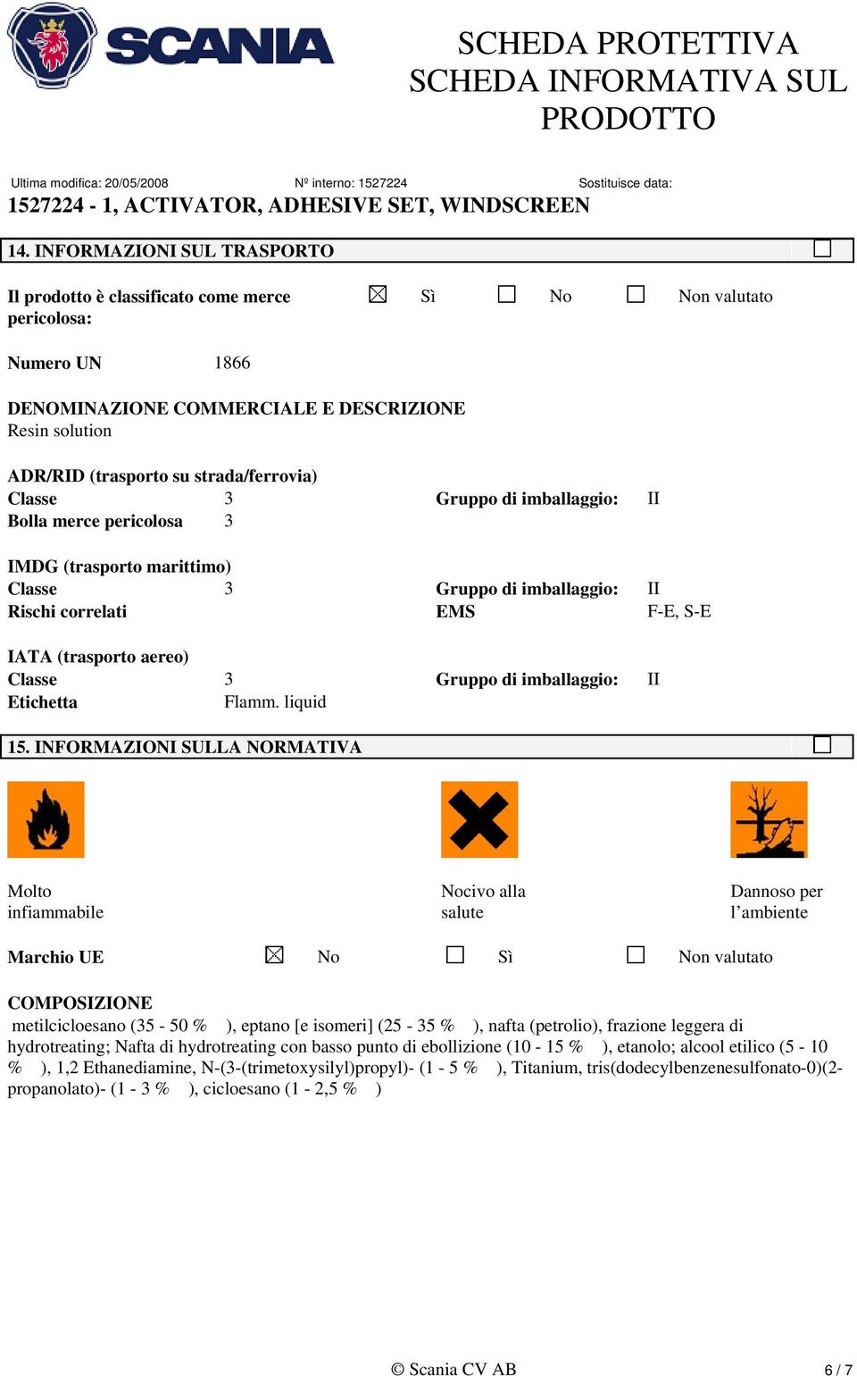 3 Gruppo di imballaggio: II Etichetta Flamm. liquid 15.