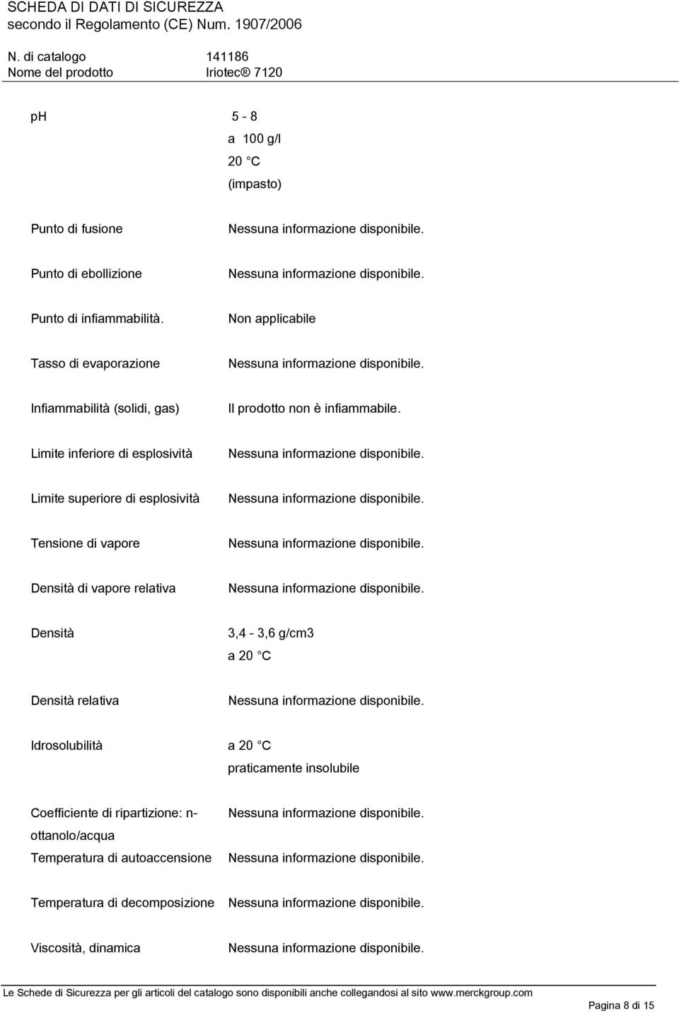 Limite inferiore di esplosività Limite superiore di esplosività Tensione di vapore Densità di vapore relativa Densità 3,4-3,6 g/cm3 a