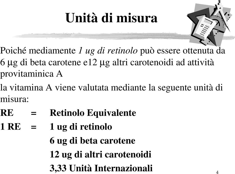 viene valutata mediante la seguente unità di misura: RE = Retinolo Equivalente 1 RE =