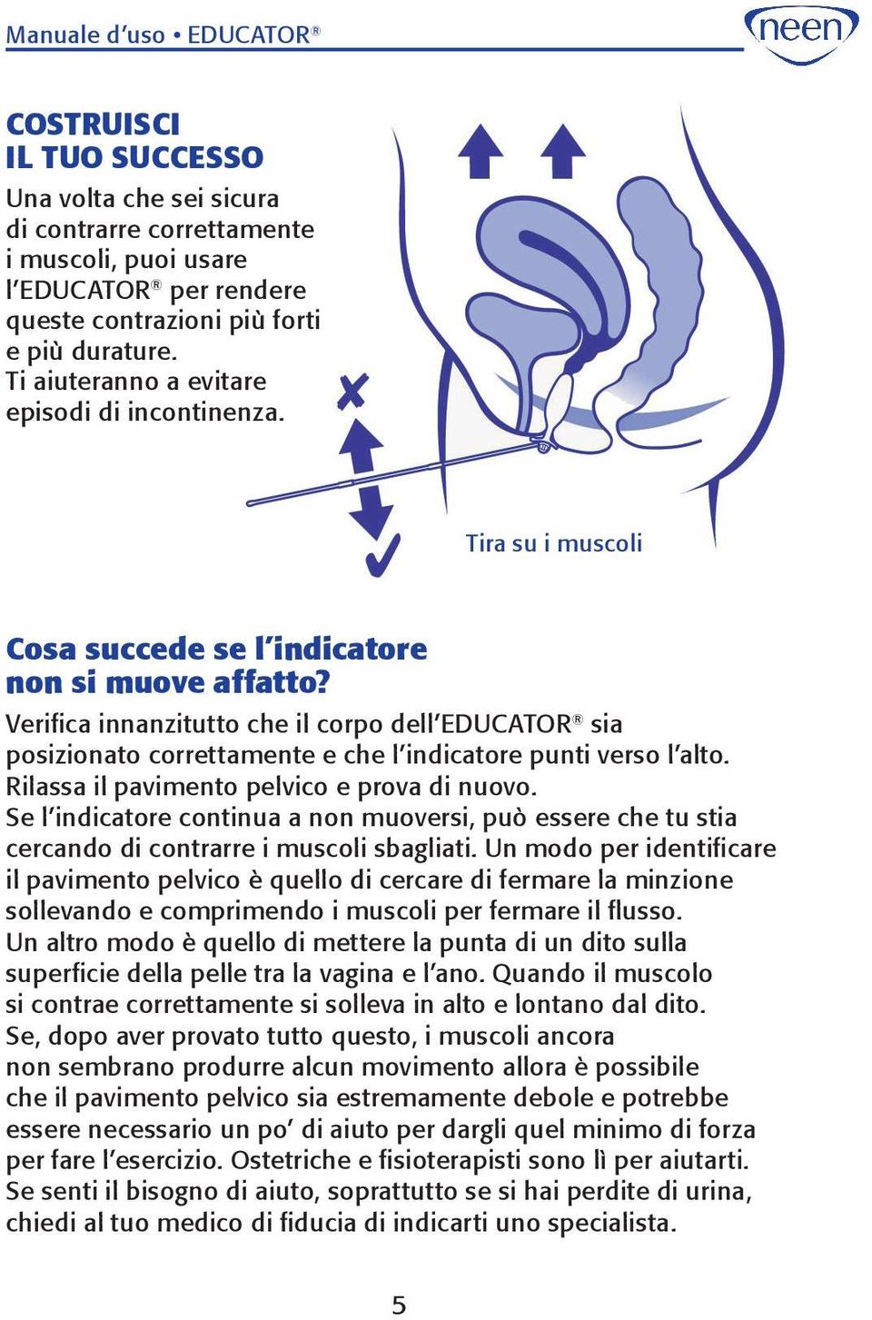 Verifica innanzitutto che il corpo dell Educator sia posizionato correttamente e che l indicatore punti verso l alto. Rilassa il pavimento pelvico e prova di nuovo.