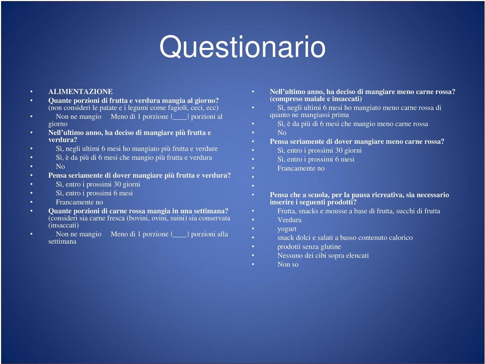 Sì, negli ultimi 6 mesi ho mangiato più frutta e verdure Sì, è da più di 6 mesi che mangio più frutta e verdura No Pensa seriamente di dover mangiare più frutta e verdura?